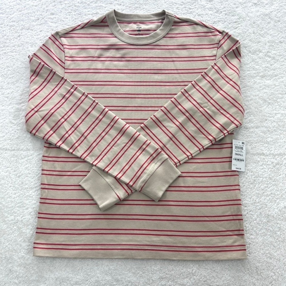 Mode‎ Of One Mens Striped Long Sleeve Tee Cinnamon Brulee Tan Red Small NWT - Picture 3 of 13